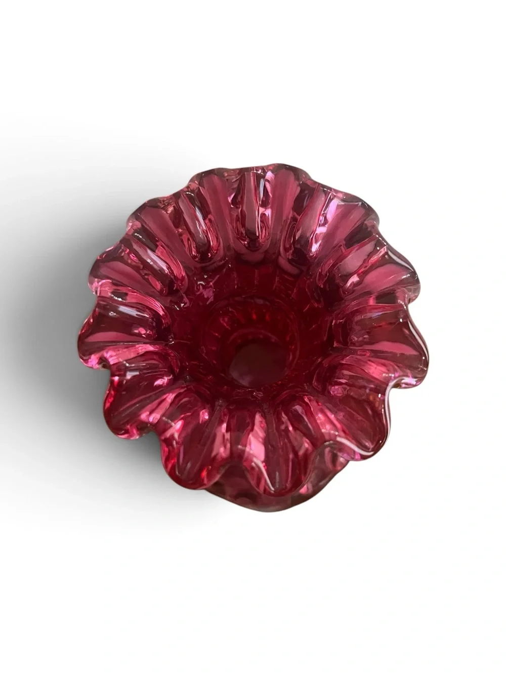 Vintage Fenton Glass Cranberry Ruffle Edge, Dot Pattern Flower Vase 7”